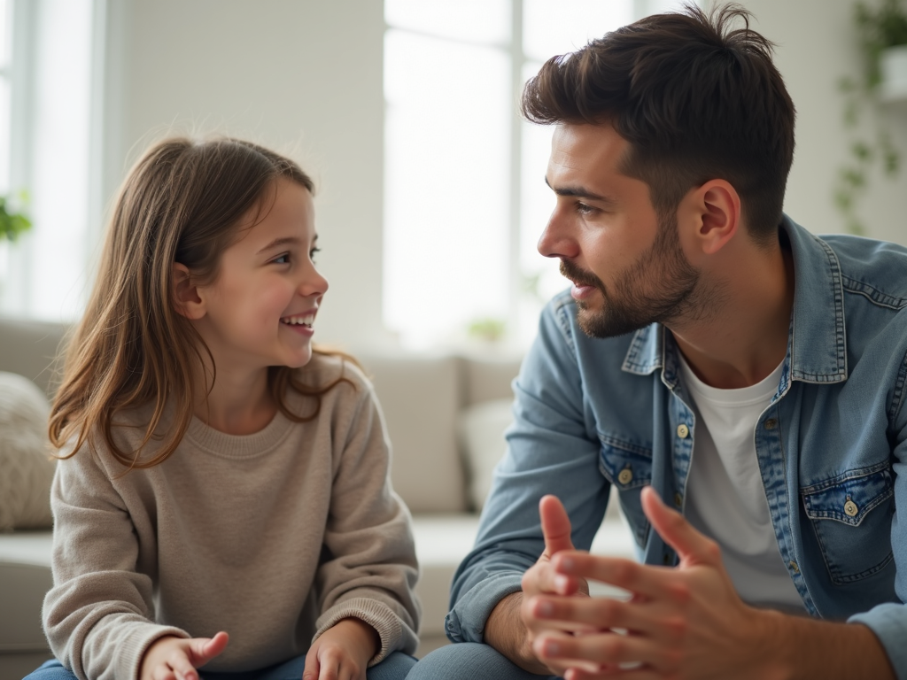 親と子が一緒に座り、ルールと責任について話し合っている様子。親が何かを説明し、子が注意深く聞いている。