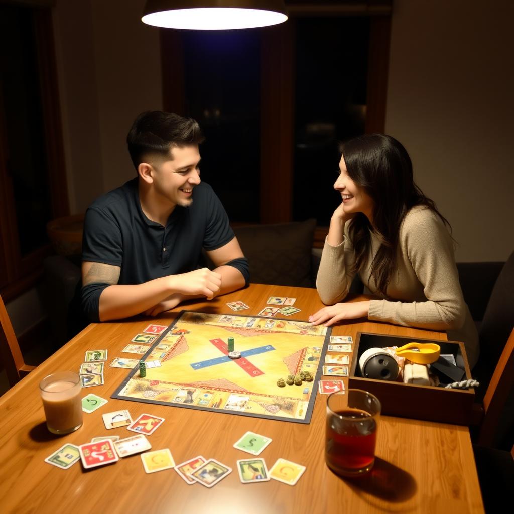 木製のテーブルでボードゲームを楽しむ夫婦。温かい照明の中で笑顔で会話している。