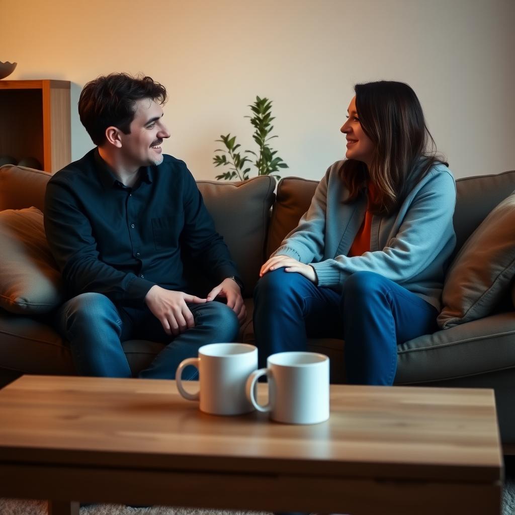 居心地の良いリビングで、ソファに座り心から会話する夫婦。温かみのある照明とコーヒーテーブルに置かれたマグカップが背景にある。
