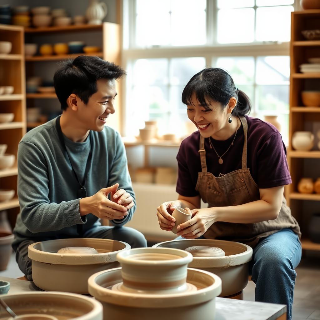 陶芸教室で、陶芸のろくろで粘土を成形する日本人夫婦。手は粘土で汚れ、笑顔でお互いを見ている。教室は自然光に満ち、背景にはカラフルなセラミック作品の棚がある。
