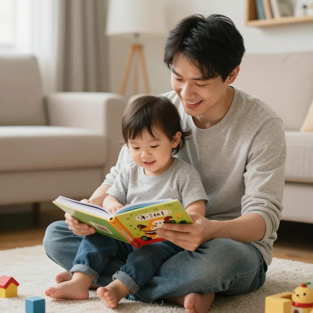 親が子供に絵本を読んでいる温かい場面