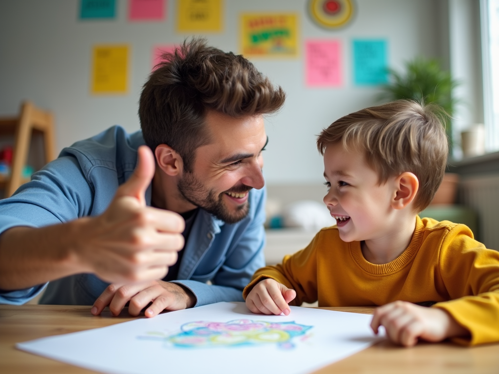 親が子供の絵を褒めている様子