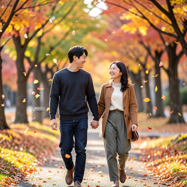 秋の公園で手をつないで歩く若い夫婦