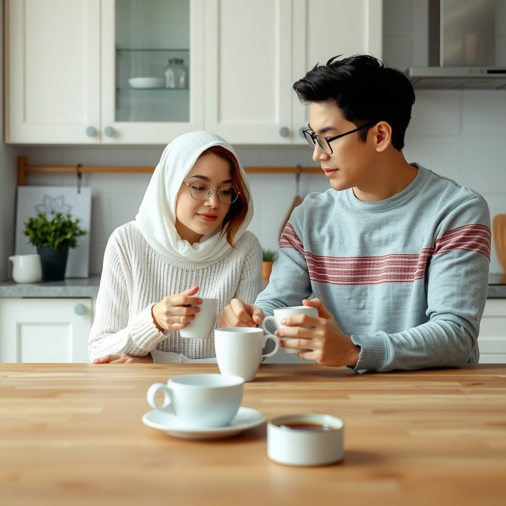 キッチンテーブルでコーヒーを飲みながら穏やかに話し合う夫婦、お互いを理解し支え合う表情
