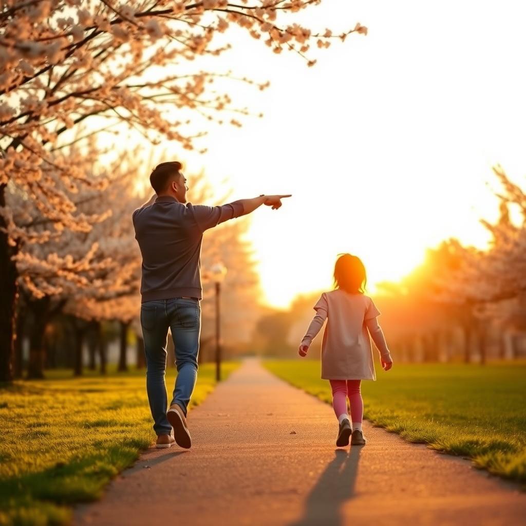 夕暮れの公園で親子が手をつないで桜の木の小道を歩き、親が遠くを指さして子どもが興奮している様子
