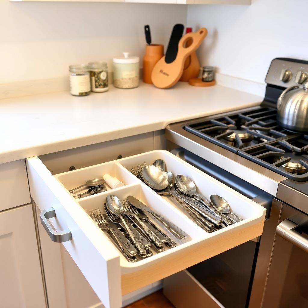 整理されたキッチン。引き出しには調理器具が整然と並び、コンロ近くにスパイスラックがあり、カウンターは清潔。すべてが手の届く範囲に配置され、効率性が強調されている。明るい照明と機能的かつスタイリッシュな雰囲気が広がっている。