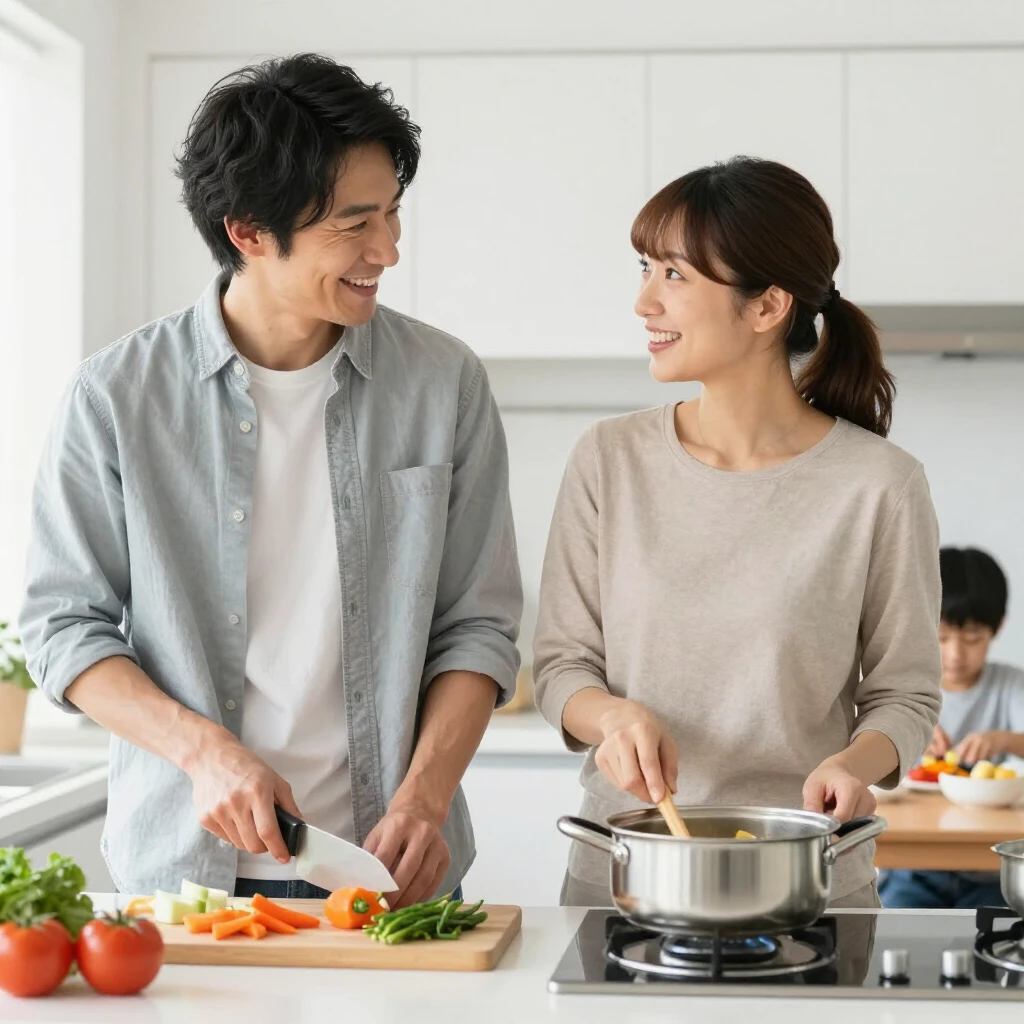夫婦で協力して料理をする様子
