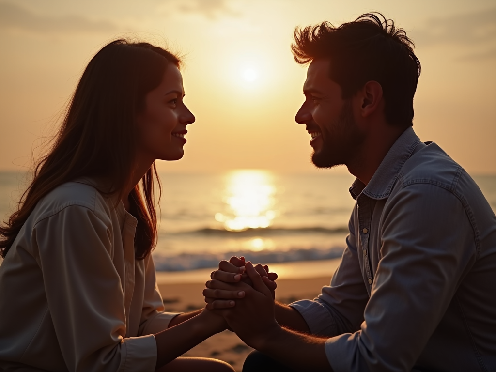 夫婦が手を取り合い、共感の表情で対話している様子