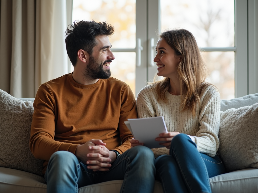 ソファに座り、向き合って落ち着いて話し合うカップル、手にはメモ帳がある