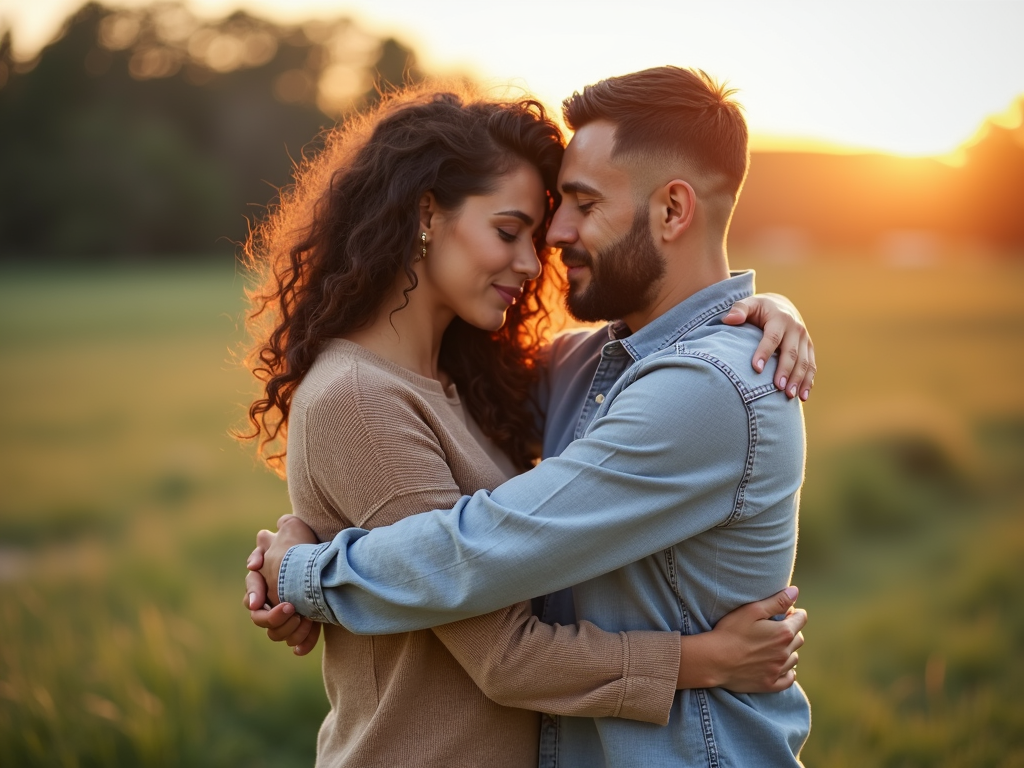 話し合いの後、互いを抱きしめる夫婦、和解と相互理解を示し、穏やかな背景。