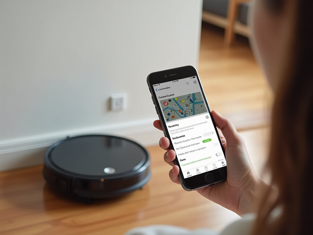 スマートフォンアプリでロボット掃除機を操作する人