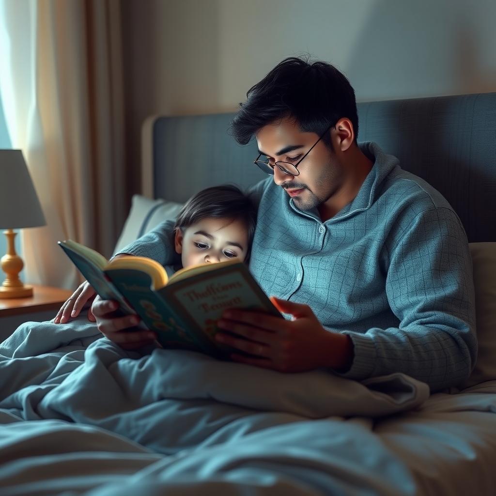 親が子供に寝る前に本を読んでいる温かい写真