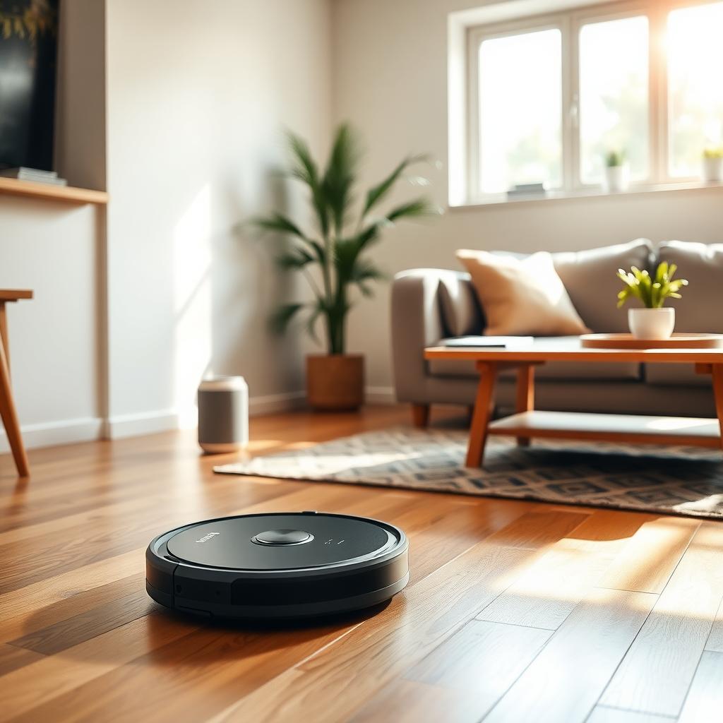 居心地の良いモダンなリビングルームで、ロボット掃除機が木製の床を掃除し、木製テーブルにスマートスピーカーが置かれ、窓から柔らかな日差しが差し込んでいる。
