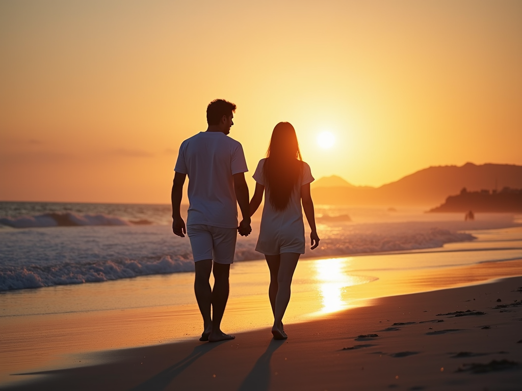 夫婦が夕日のビーチで手を繋いで歩いている様子