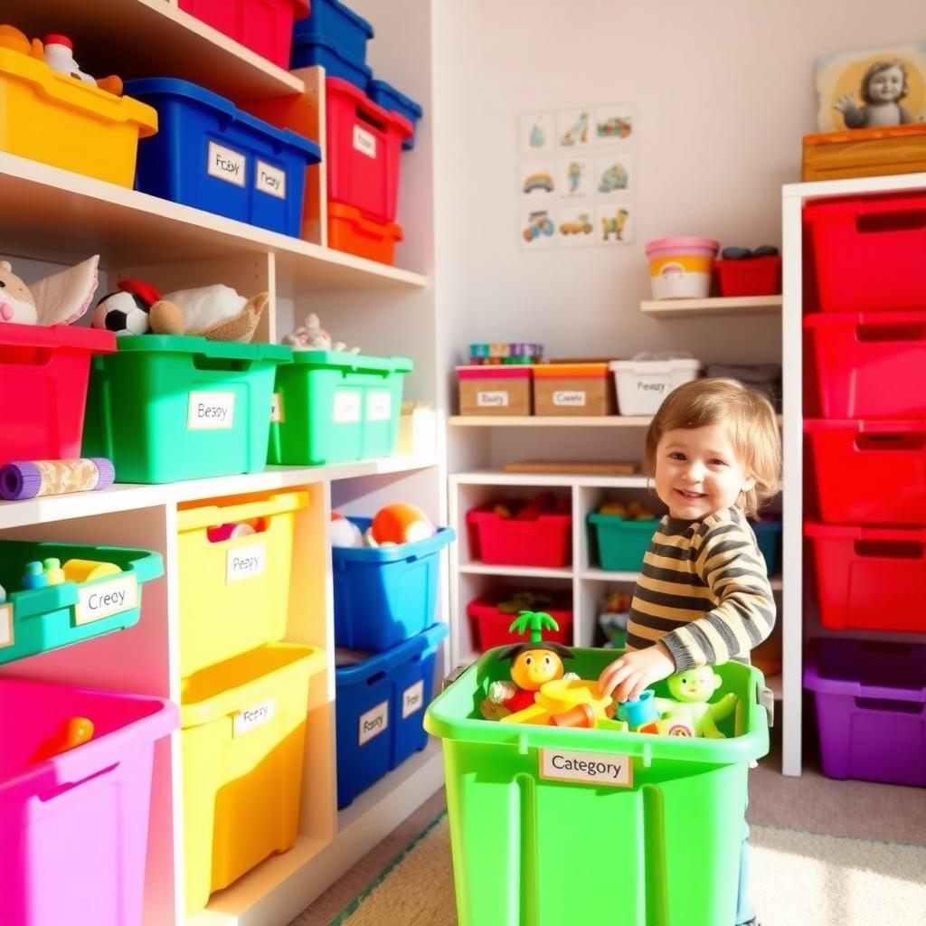 子供部屋にカラフルな収納ボックスが整然と並び、子供が楽しそうにおもちゃを片付けている様子