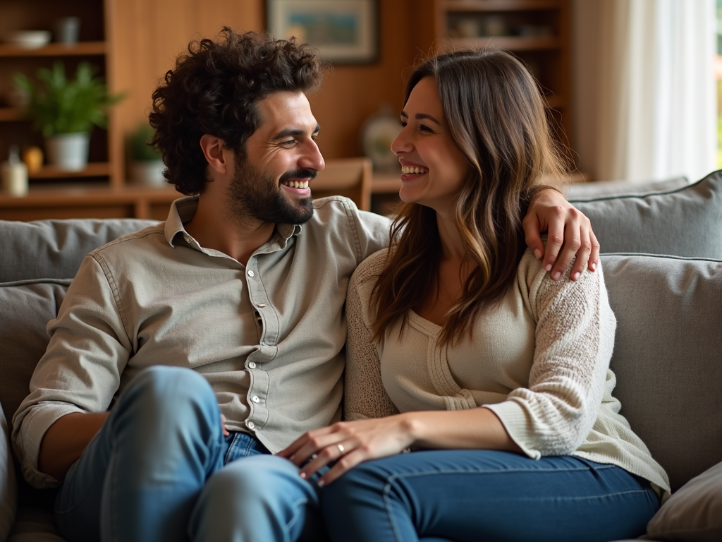 夫婦がソファに座って話し合っている様子