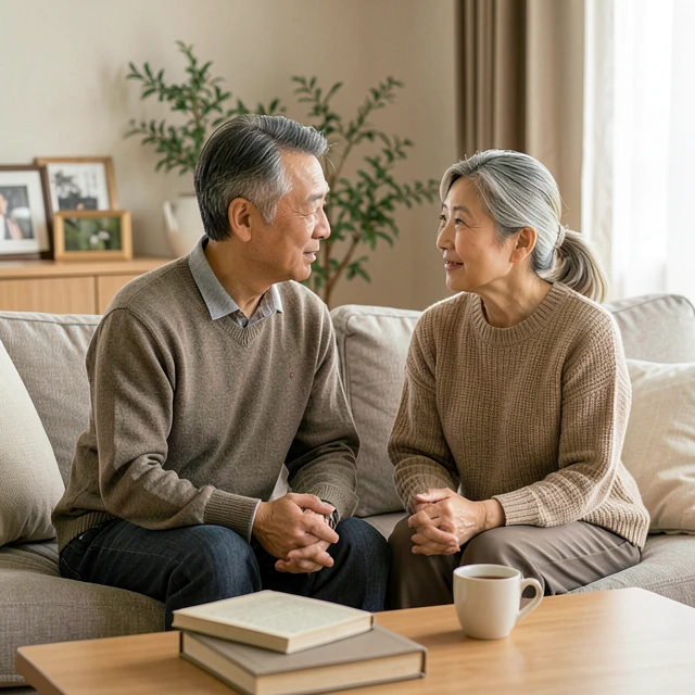 ソファで向き合って穏やかに話す夫婦の様子