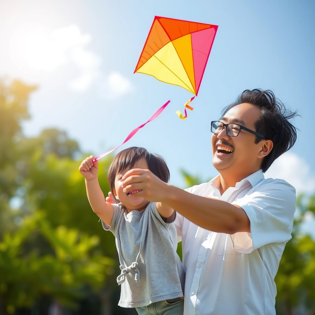 晴れた公園で凧揚げを楽しむ親子