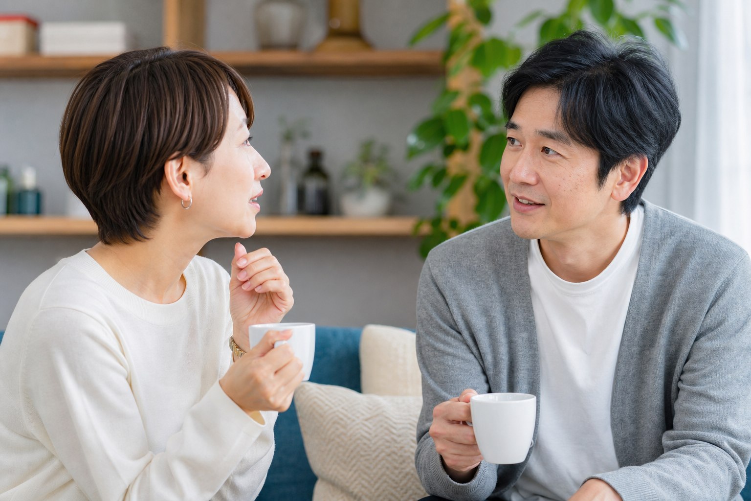 穏やかに対話を交わす夫婦の日常の一コマ