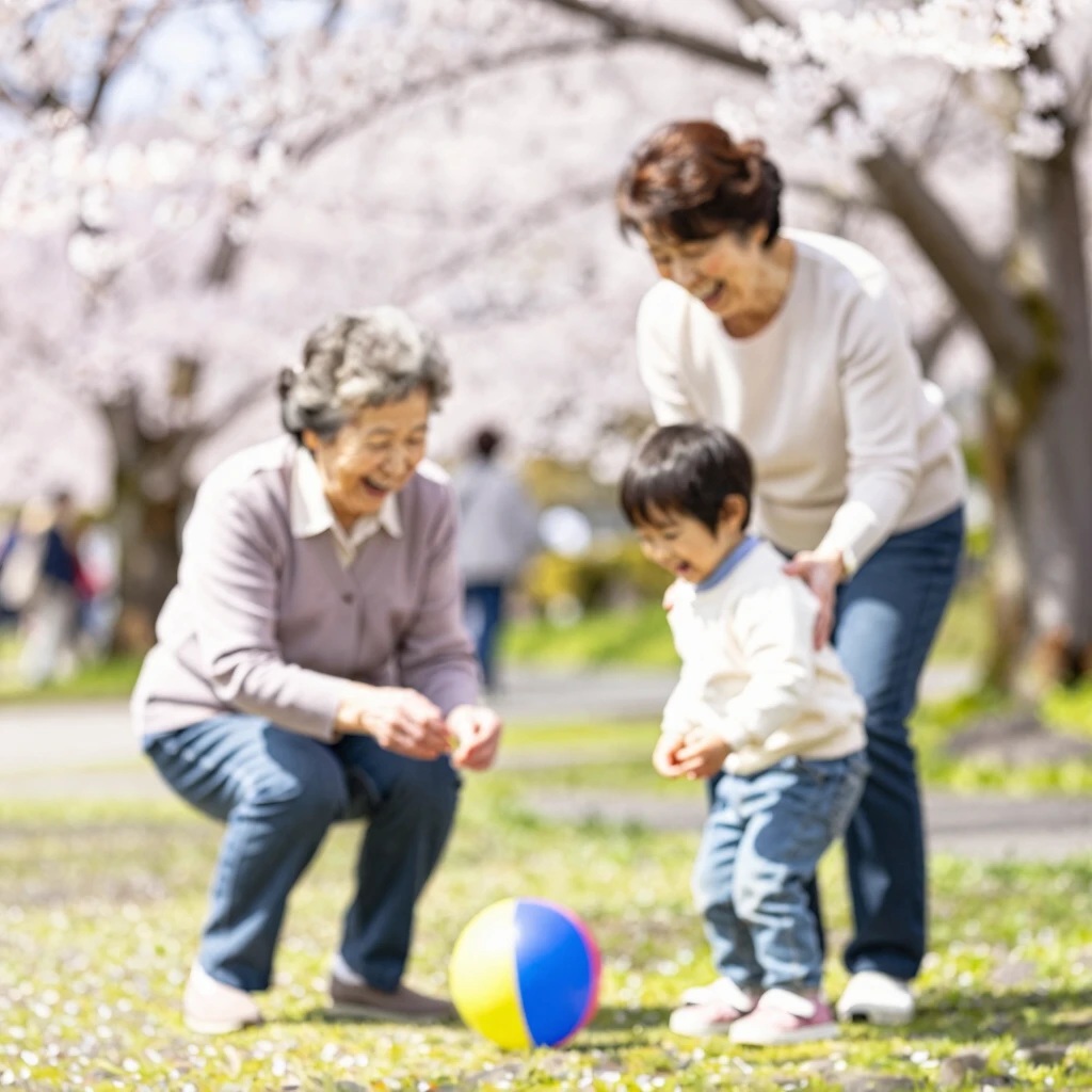 公園で祖母、母、孫がボール遊びをする世代間共同養育の喜びの様子