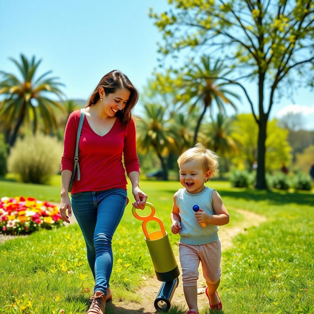 親と子が晴れた公園で手をつないで歩く写真。緑の芝生と色とりどりの花、青い空が背景に広がり、親は優しく子を見つめ、子は笑いながら小さな玩具を持っている。