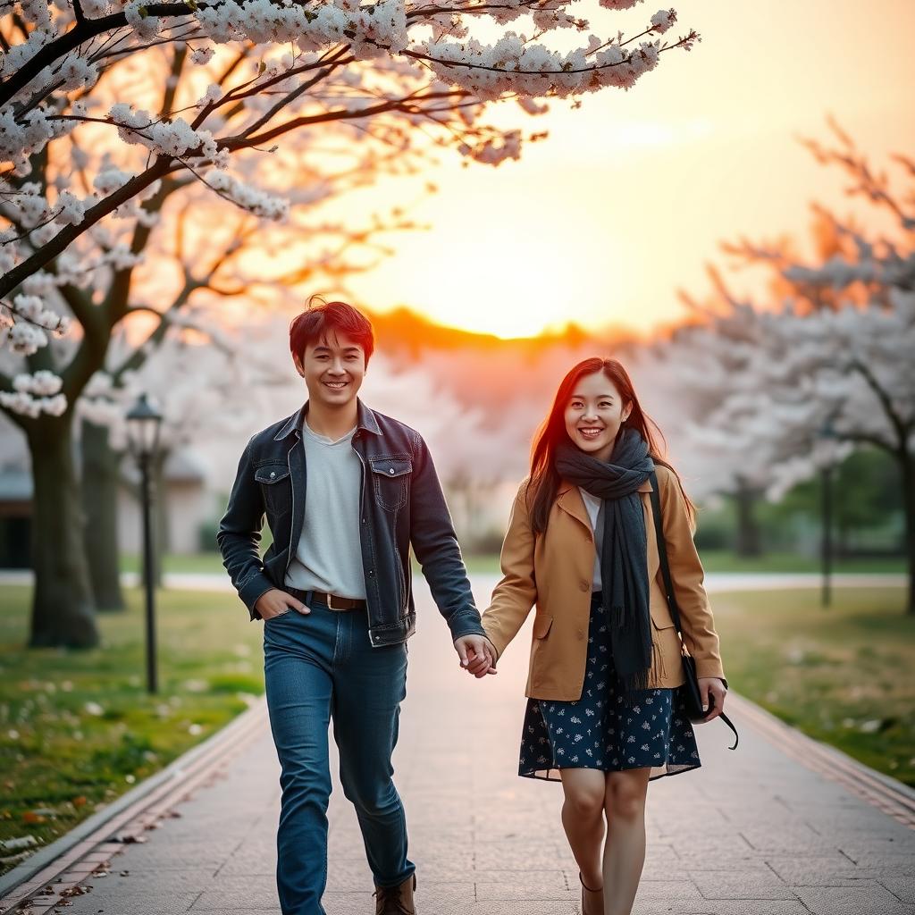 夕暮れの公園で手をつないで歩く日本の夫婦。桜の木を背景に、温かみのあるオレンジとピンクの空が広がる。
