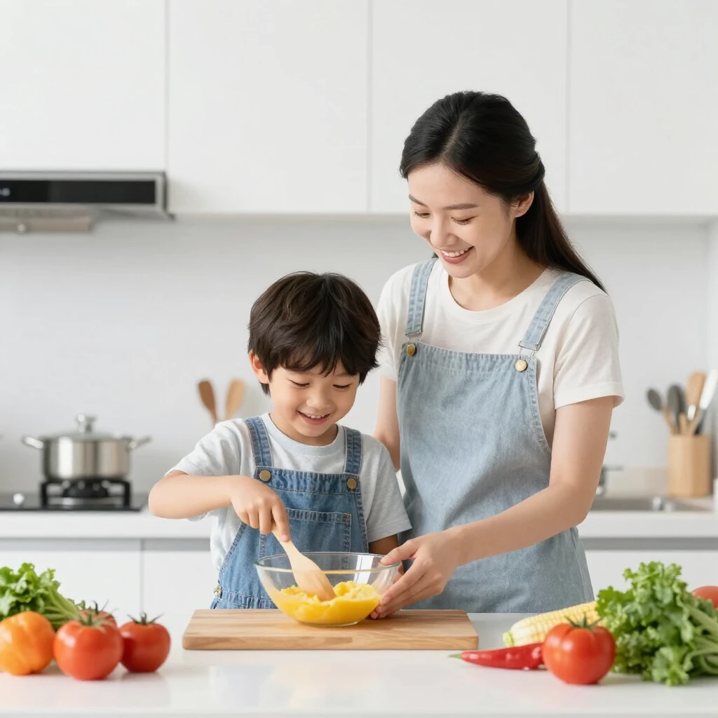 キッチンで一緒に料理をする親子