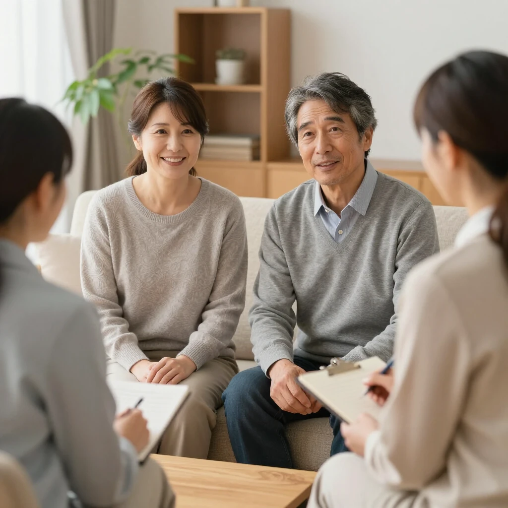 カウンセリングルームで真剣に話す中年の夫婦とセラピスト