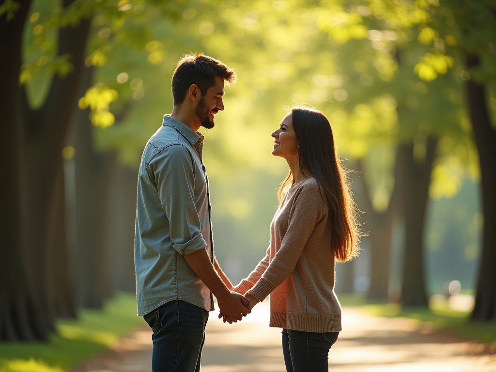 夫婦が手を握り、愛情を込めて見つめ合っている様子。緑の木々と陽光が差し込む公園で。