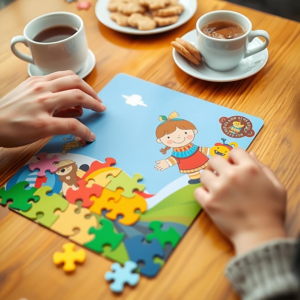 親子の手が木のテーブル上でカラフルなパズルを一緒に組み立てている様子。パズルのピースは鮮やかで、一部がつながって楽しい絵が見えている。背景にはホットココアとクッキーの皿がある。