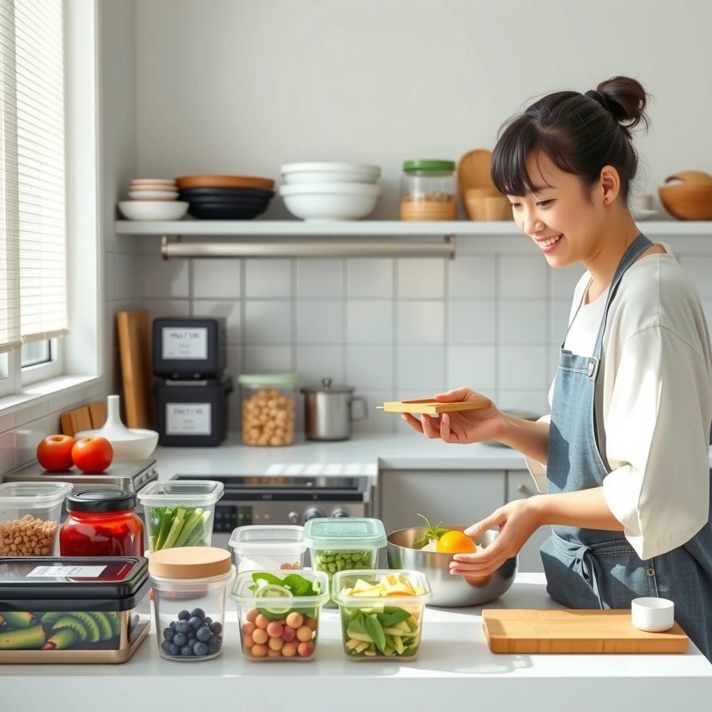整理されたキッチンで効率的に夕食の準備をする様子