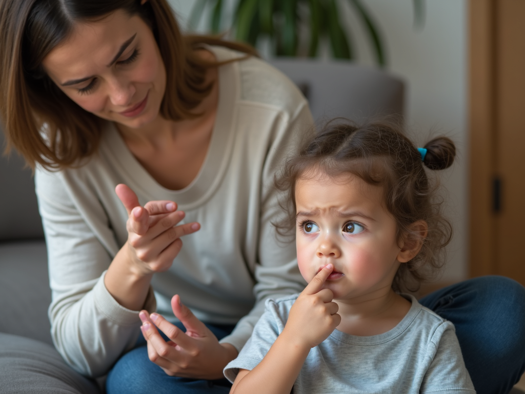 子供が一人で考え込んでいる様子と、親が慰めようとしている様子