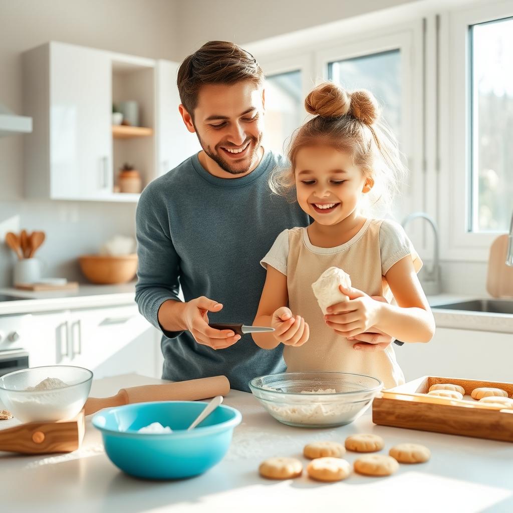 親と子がキッチンでクッキーを作り、笑顔で楽しむ明るい場面