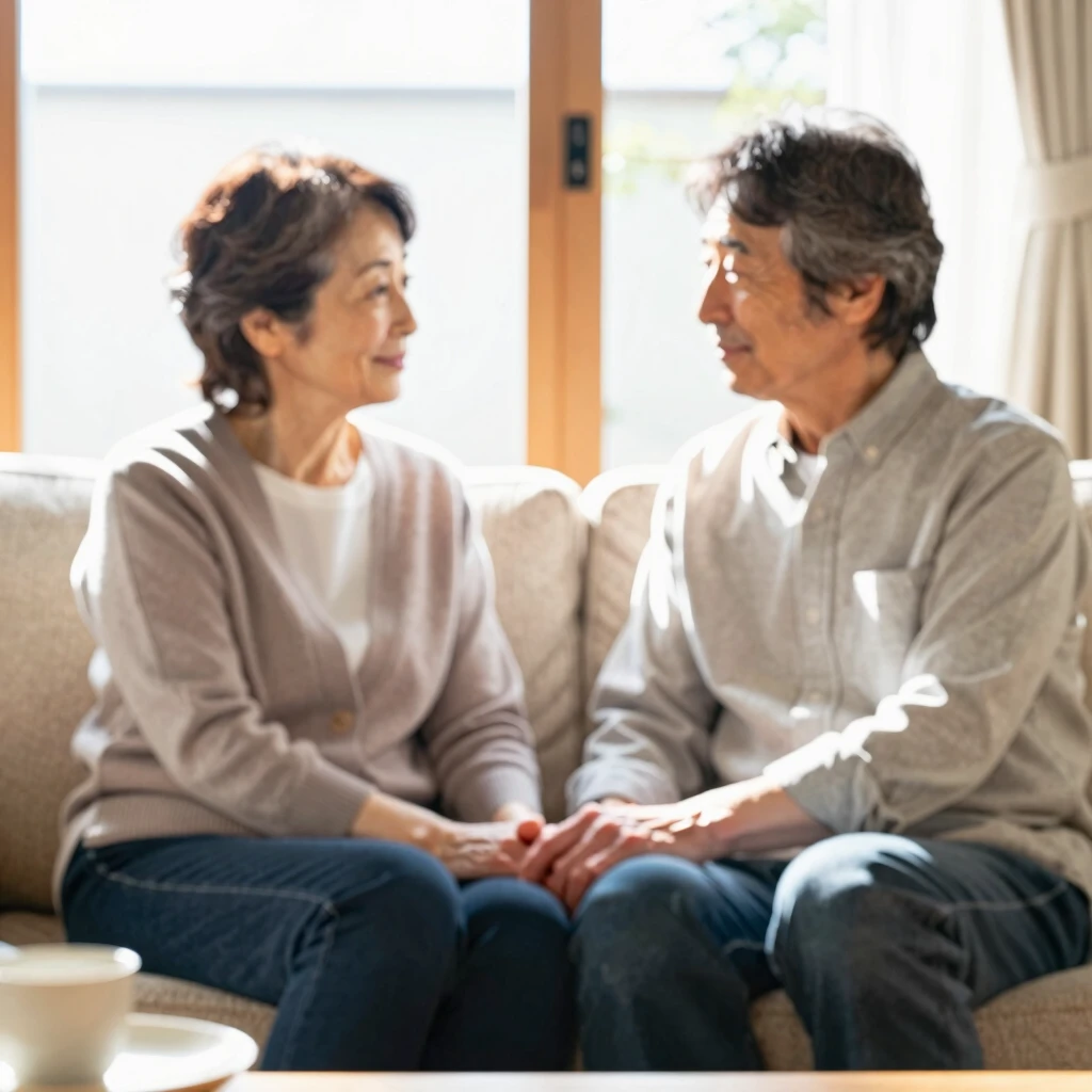 穏やかに手をつなぐ夫婦の対話シーン