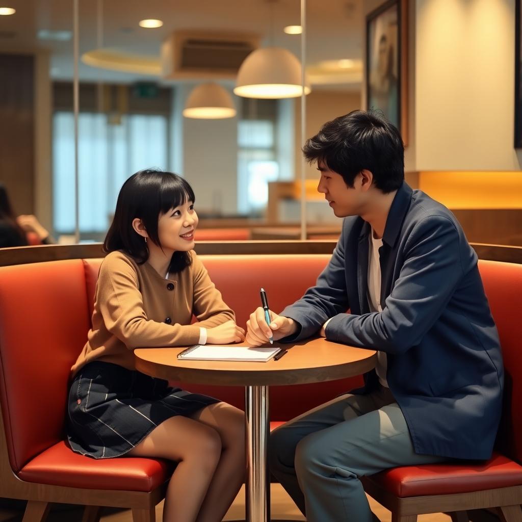 夫婦がカフェの小さなテーブルで穏やかに話し合い、ノートとペンを使って計画を立てている様子