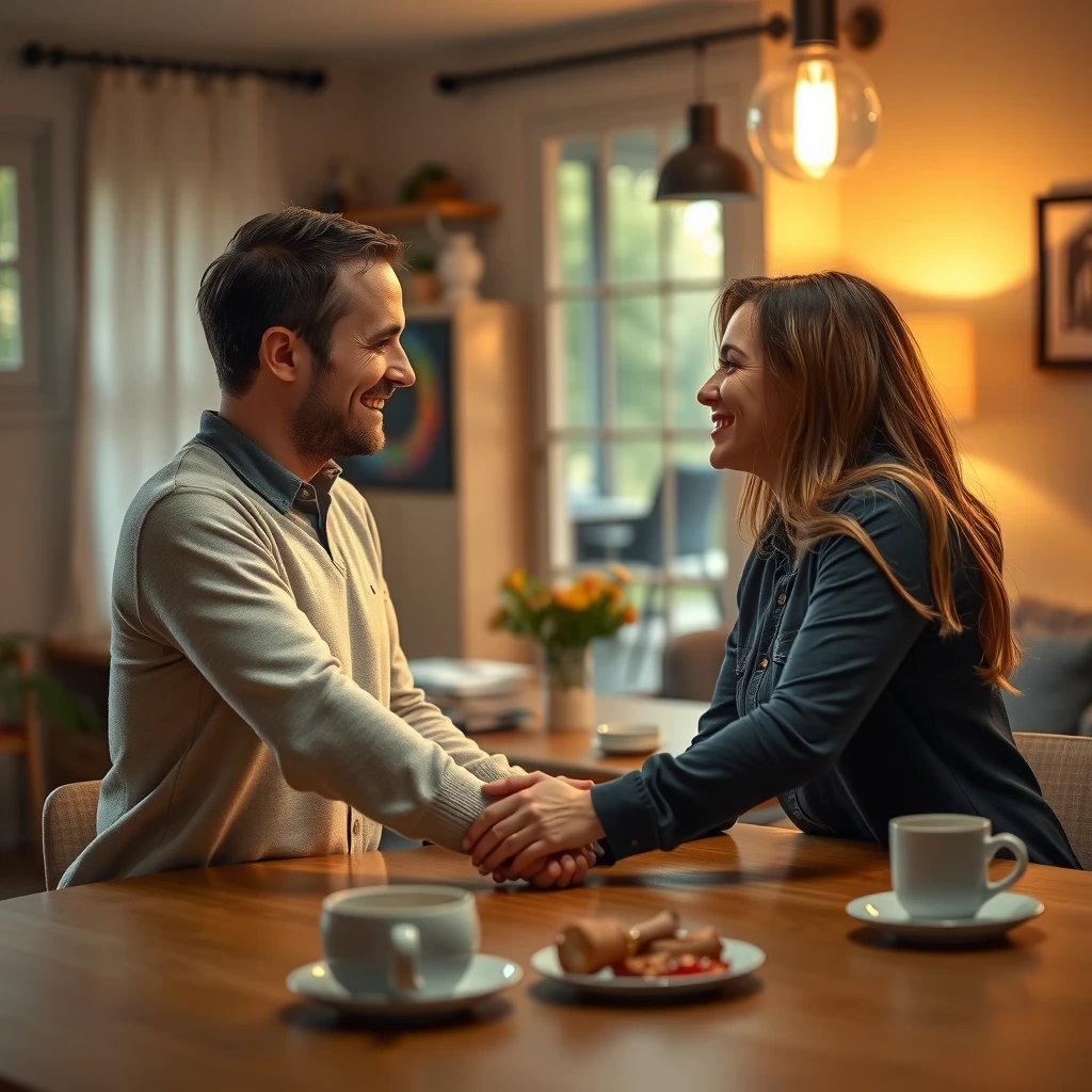 話し合いの後、手を握り合って和解した夫婦の穏やかな様子