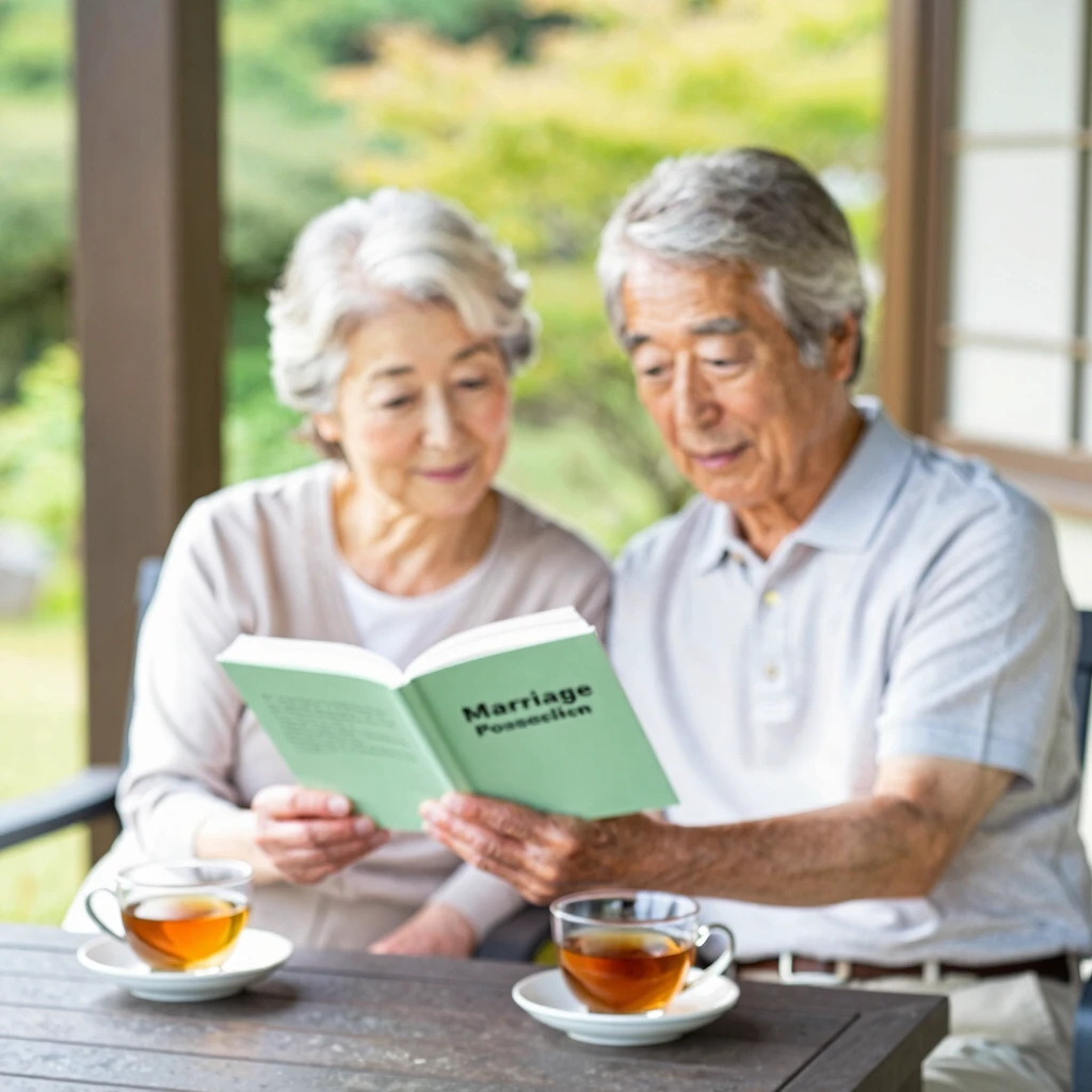 カウンセリング本を一緒に読む年配の夫婦