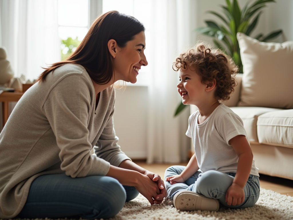 子供と同じ目線で話す親の様子