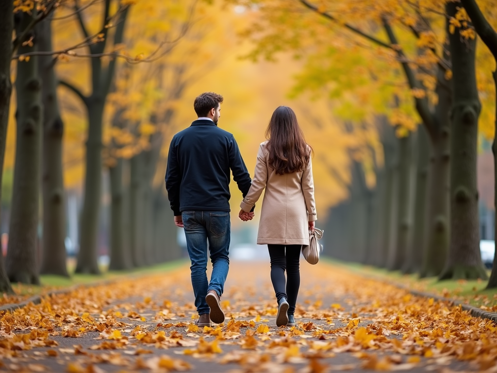 公園で手をつないで歩く夫婦。秋の落ち葉が周囲に散らばっている。