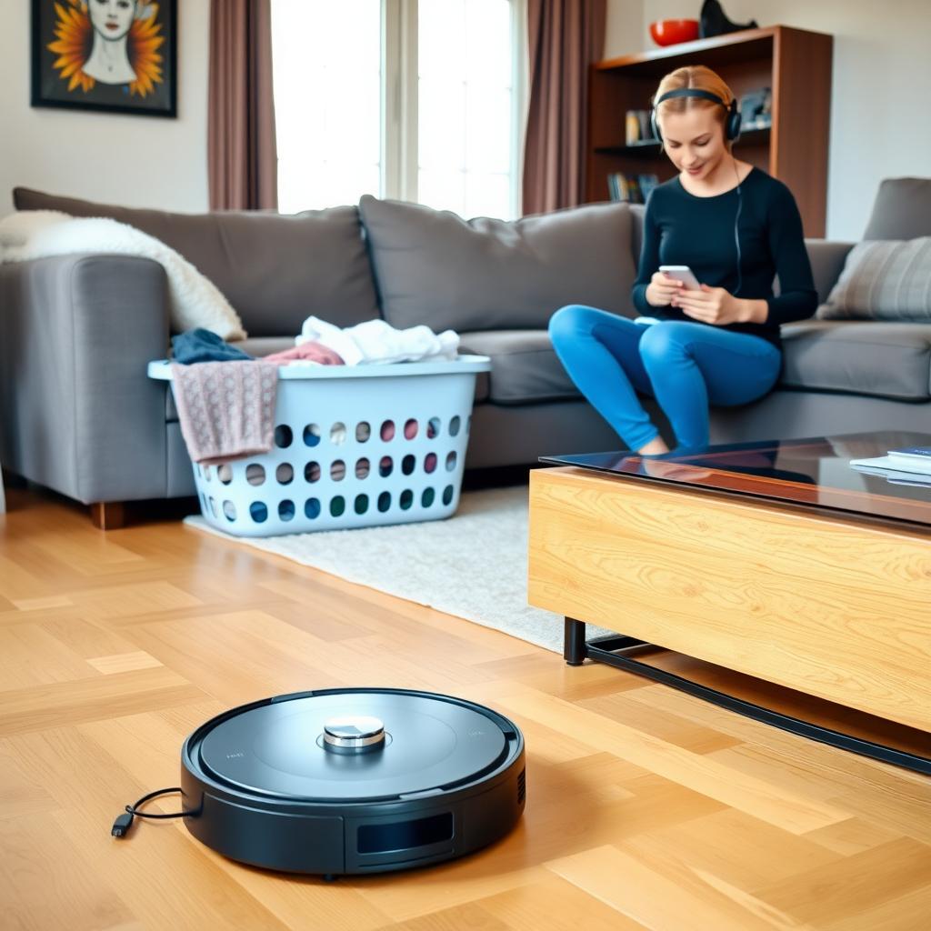居心地の良いリビングで、ロボット掃除機が木の床を掃除し、ソファに洗濯物のかごが置かれ、人がイヤホンでポッドキャストを聴きながらコーヒーテーブルを整理している様子。