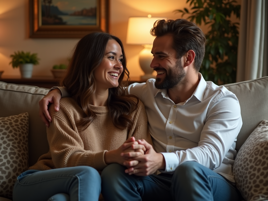 夫婦が手を取り合って笑顔でいる様子