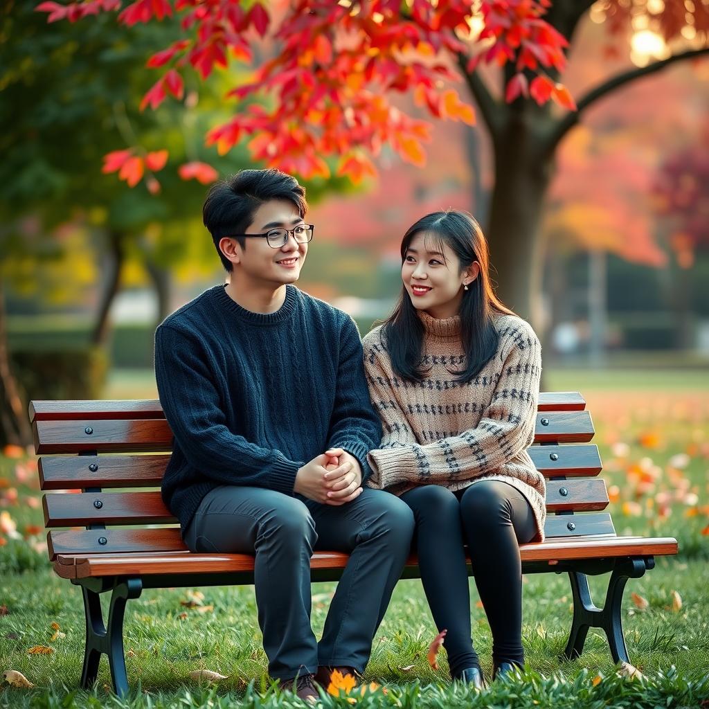秋の緑豊かな公園のベンチで手をつなぎ、優しく微笑む日本人夫婦。背景には赤やオレンジの落ち葉と暖かい夕日の光。