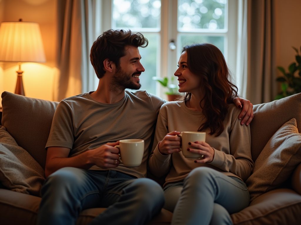 居心地の良いリビングのソファに座る夫婦。暖かい照明の中、向き合って穏やかに微笑み、マグカップを持っている。自然でリラックスした雰囲気が、本物のつながりを感じさせる。