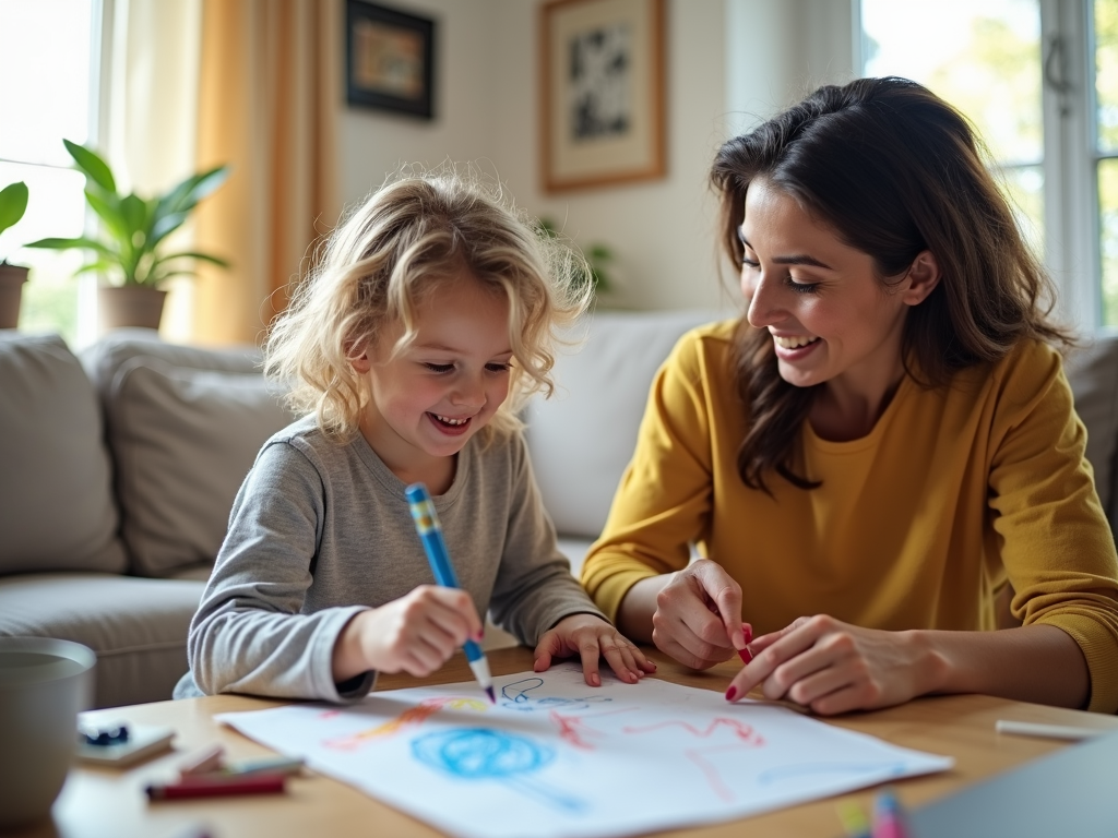 子どもが絵を見せて親が褒めている様子