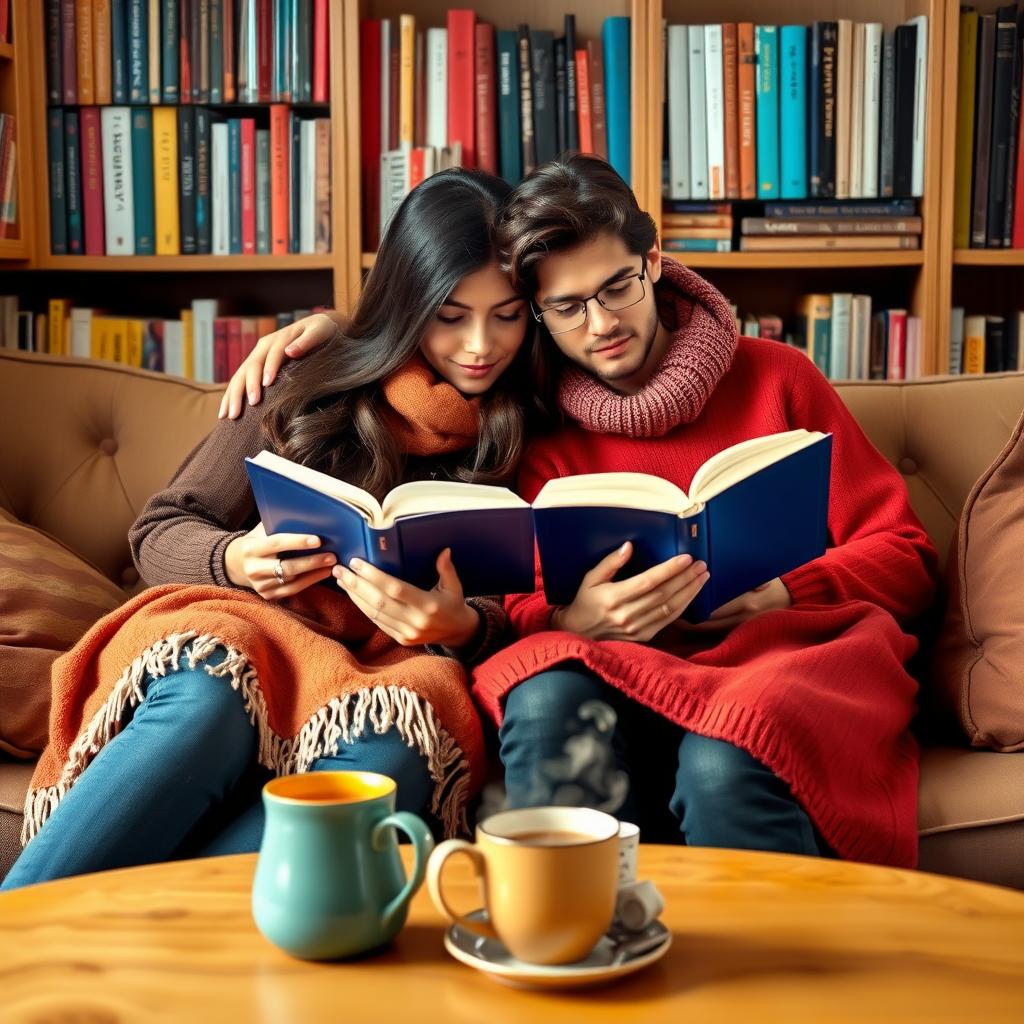 居心地の良いソファで本を読む夫婦。温かいブランケットを膝にかけ、近くのテーブルには紅茶のマグカップが置かれている。
