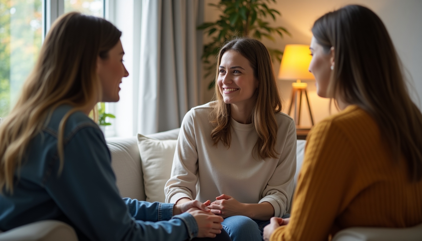 Counselor speaking sympathetically to a couple, highlighting support and understanding.