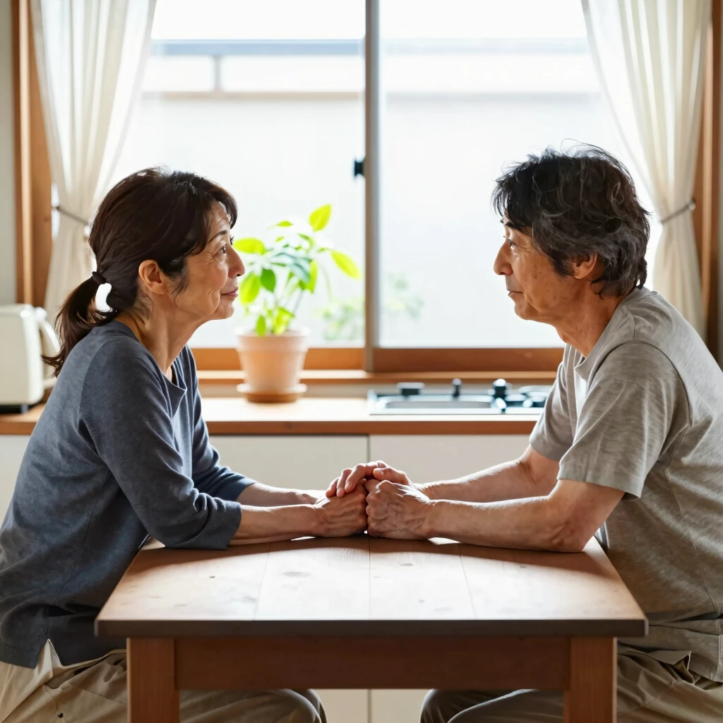 穏やかな朝のキッチンで、手を繋いで話し合う夫婦の様子
