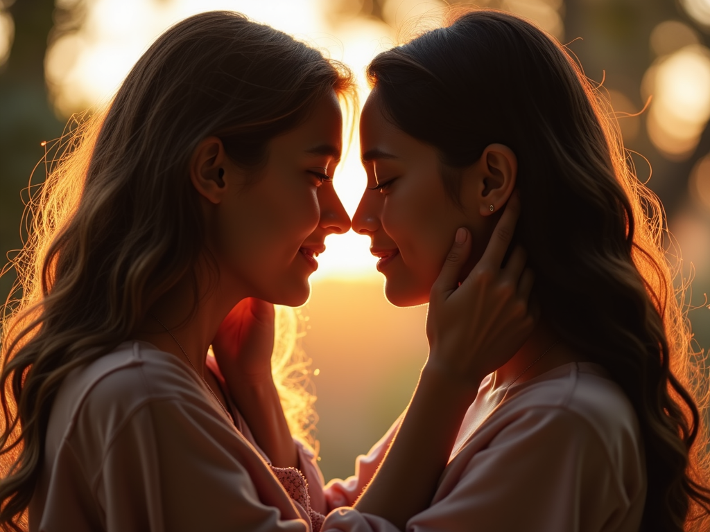 向き合い、一方が他方の頬に優しく触れ、許しと理解の眼差しを交わす夫婦