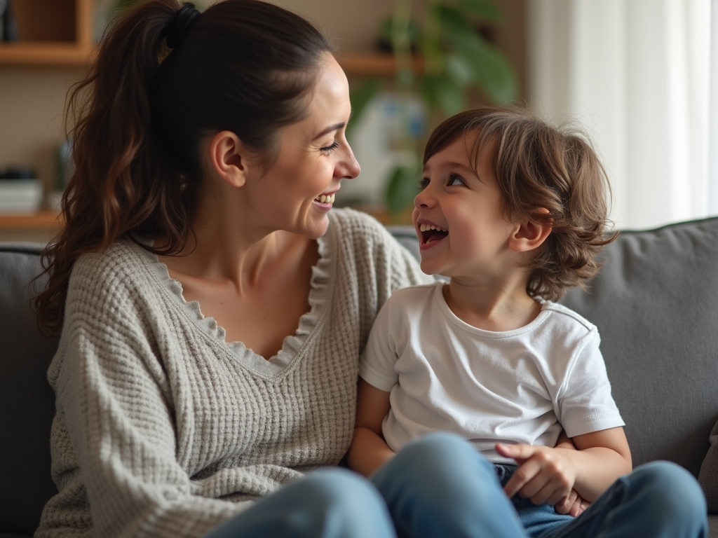 親と子がソファに座って話し、笑顔でいる様子。背景には温かみのある家庭環境が映っている。