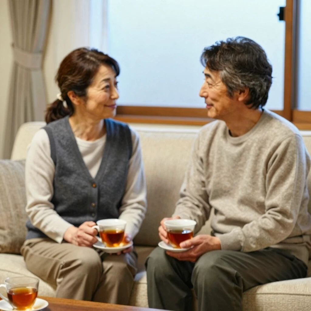 穏やかなリビングで向き合う夫婦の対話シーン